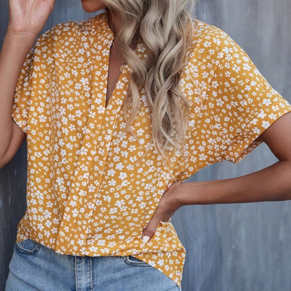 New Floral Print Batwing Sleeve Blouse Yellow - Picture 6 of 7